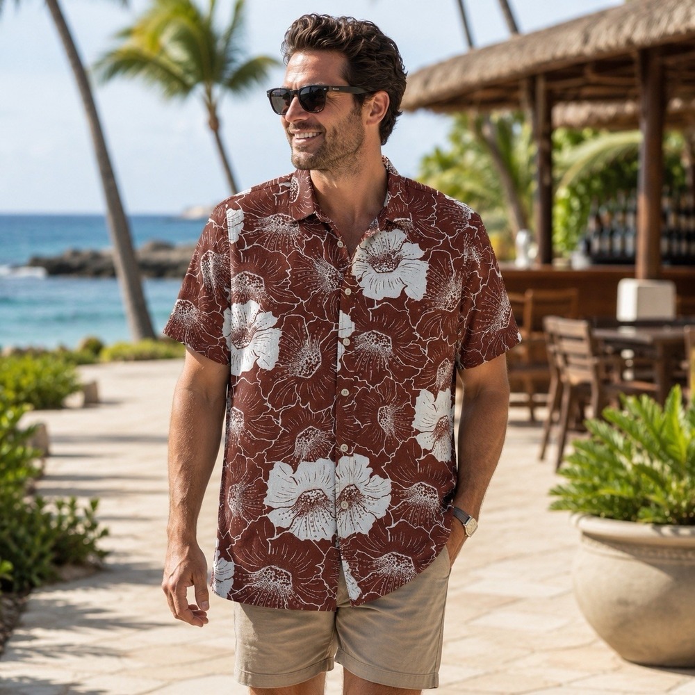 Folk Maui Linen Blend Short‎ Sleeve Button Down Shirt Rust Ivory Resort Hawaii L